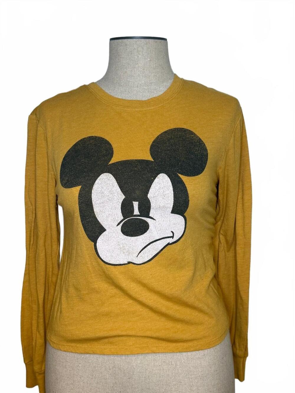 Disney Mickey Mouse Grumpy Face Long Sleeve Crop Top Mustard Yellow Size M
